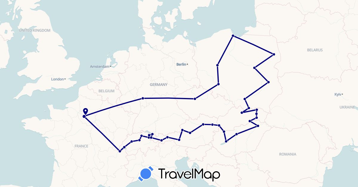TravelMap itinerary: driving in Austria, Switzerland, Czech Republic, Germany, France, Hungary, Poland, Slovakia (Europe)